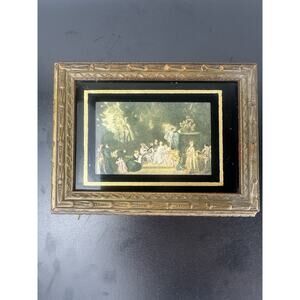 Jewelry Vanity Trinket Box Glass Top Victorian Scene Lid 1940's Antique